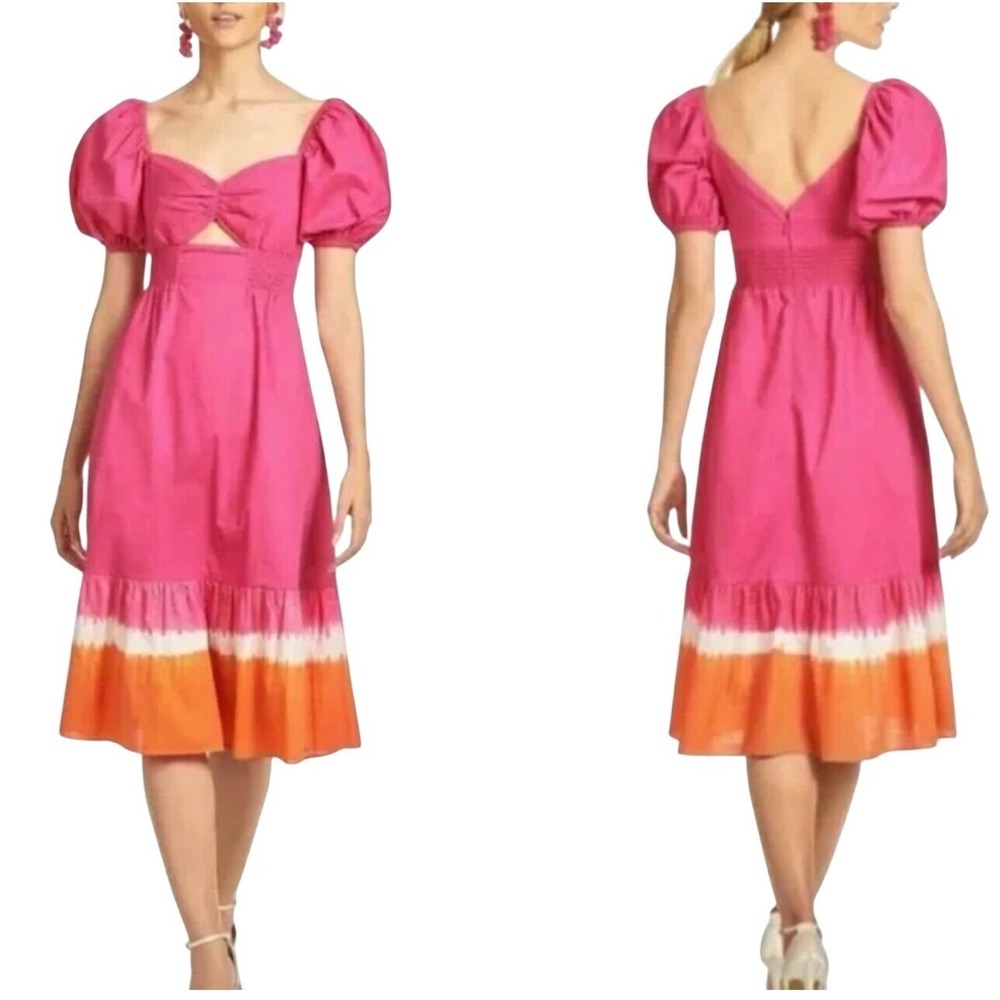 $395 NWT SACHIN & BABI Bri Tie Dye Pink & Orange Midi Dress Puff Sleeves SIZE 12